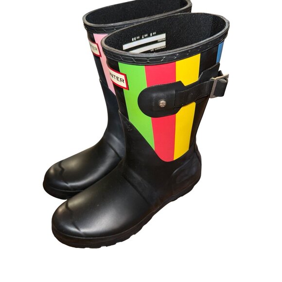 Hunter Women's Black Multi Striped Rain Boots - Size 7 US - New - Picture 12 of 14